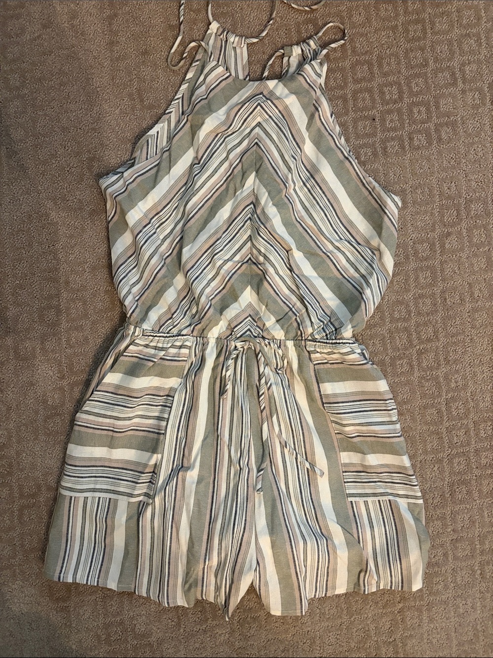 Gilli Striped Halter Romper in Sage, Cream, and Taupe